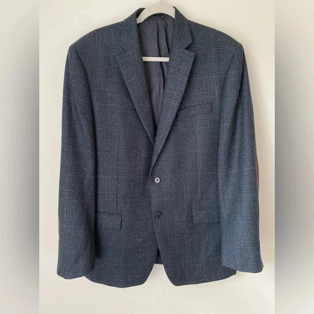 Ralph Lauren Blazer Men’s 42 Regular 100% Wool Suit Navy Blue Plaid Suede Patch